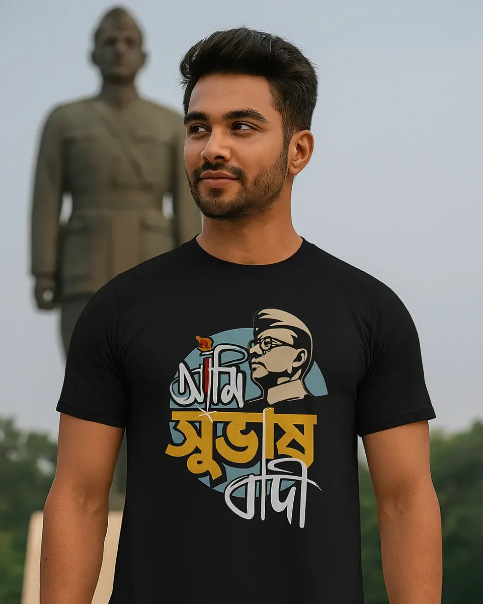 A model wearing a Bengali unisex t-shirt in black color that pays tribute of Bengal's biggest hero - Netaji.