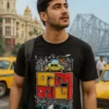 A model wearing a black unisex t-shirt that says Kolkata in bold letters and represents a doodle like design for Kolkata