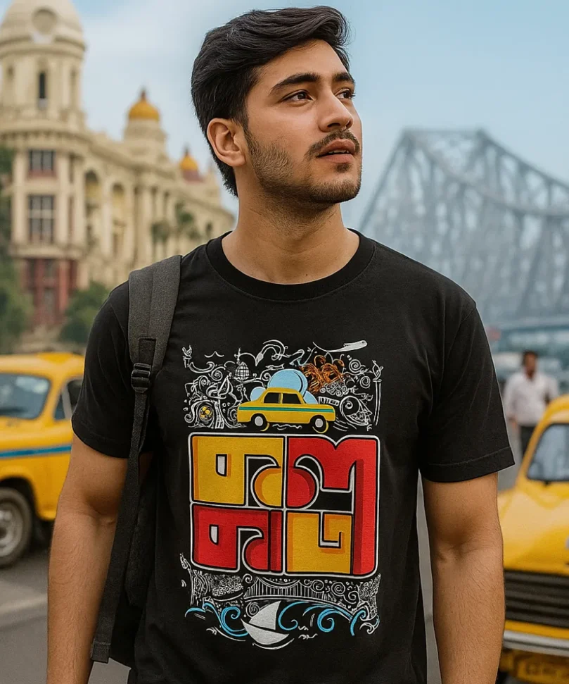 A model wearing a black unisex t-shirt that says Kolkata in bold letters and represents a doodle like design for Kolkata