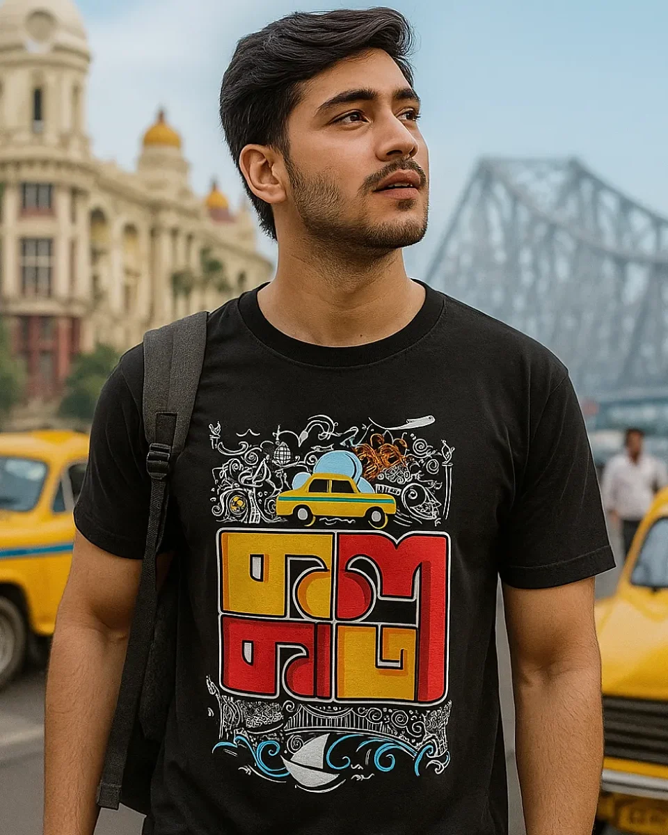 A model wearing a black unisex t-shirt that says Kolkata in bold letters and represents a doodle like design for Kolkata
