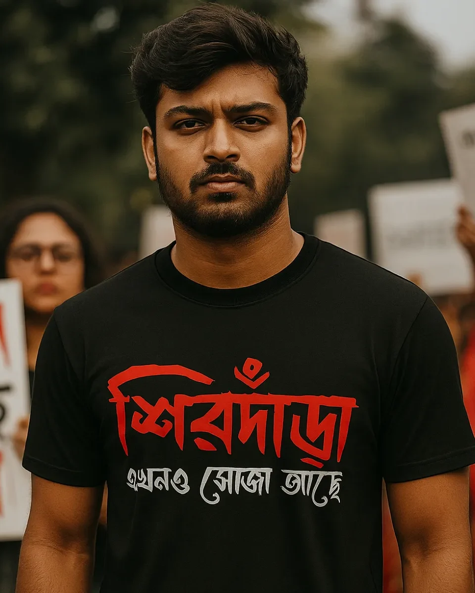 A Bengali unisex t-shirt worn by a model that says - Sirdara ekhono soja ache