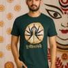 A model wearing a Bengali printed unisex t-shirt in petrol blue color that pays homage to Debi Durga.