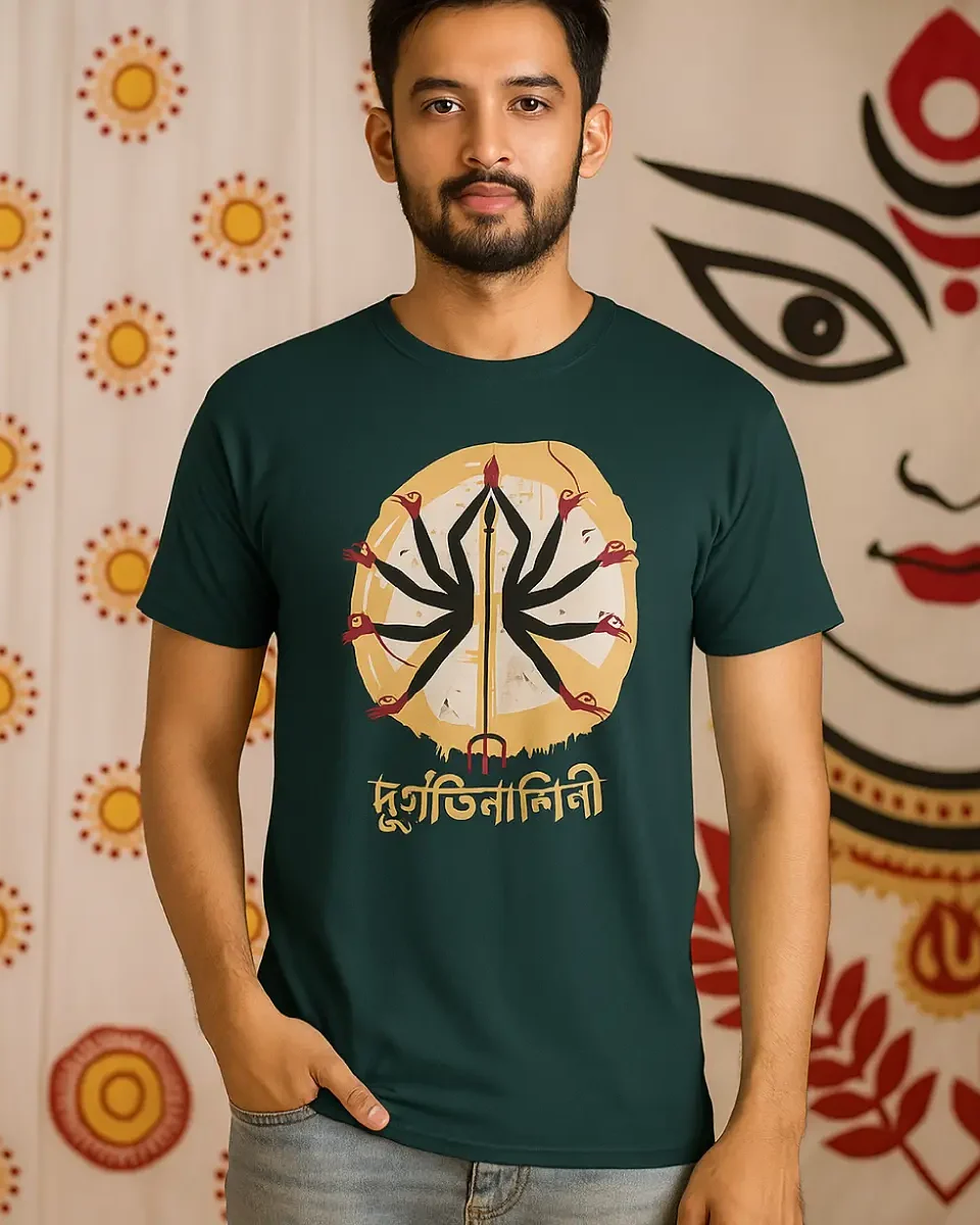A model wearing a Bengali printed unisex t-shirt in petrol blue color that pays homage to Debi Durga.