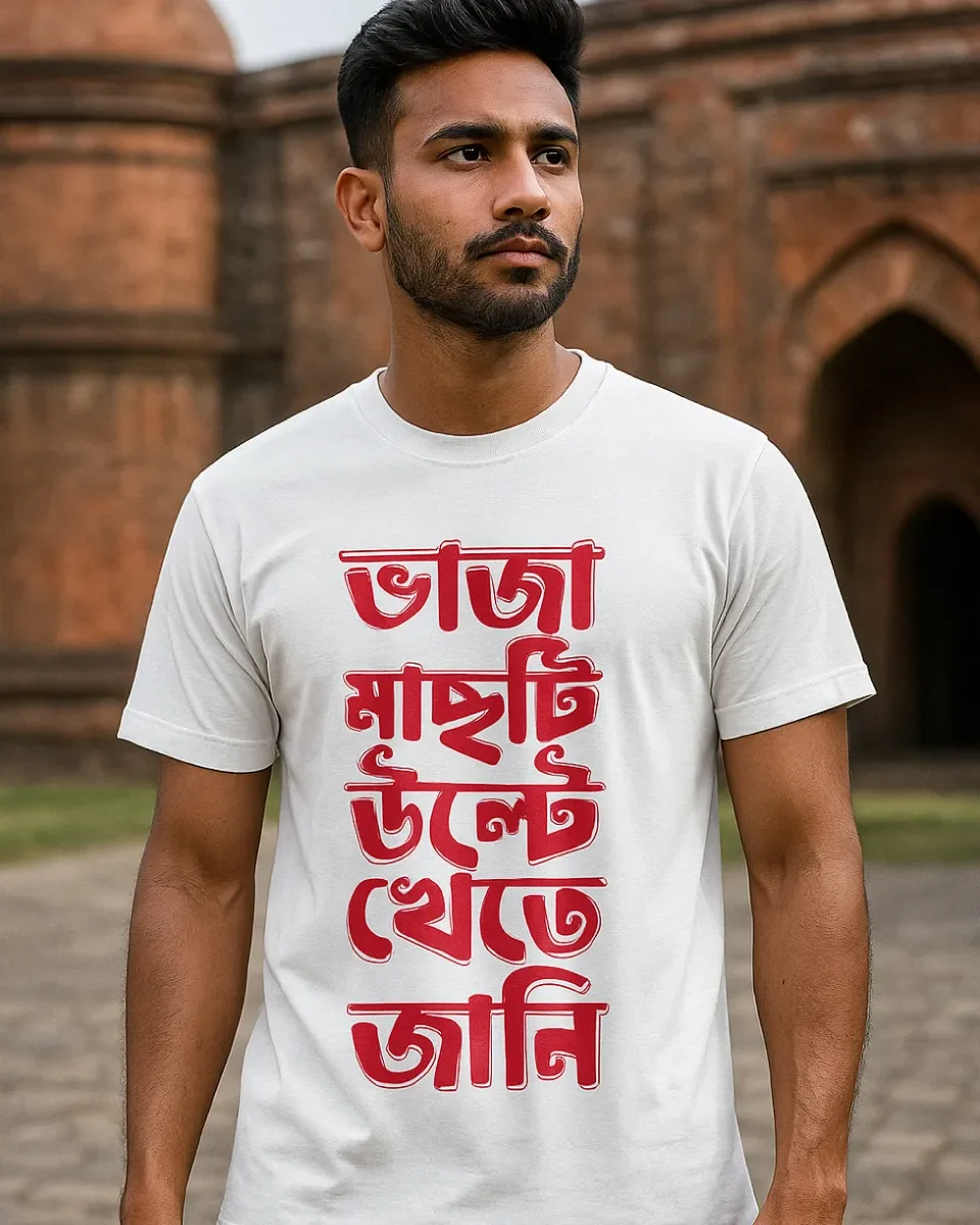 A male model wearing Bongstreet's famous t-shirt that says - Bhaja Machti Ulte Khete Jani". The t-shirt color is white.