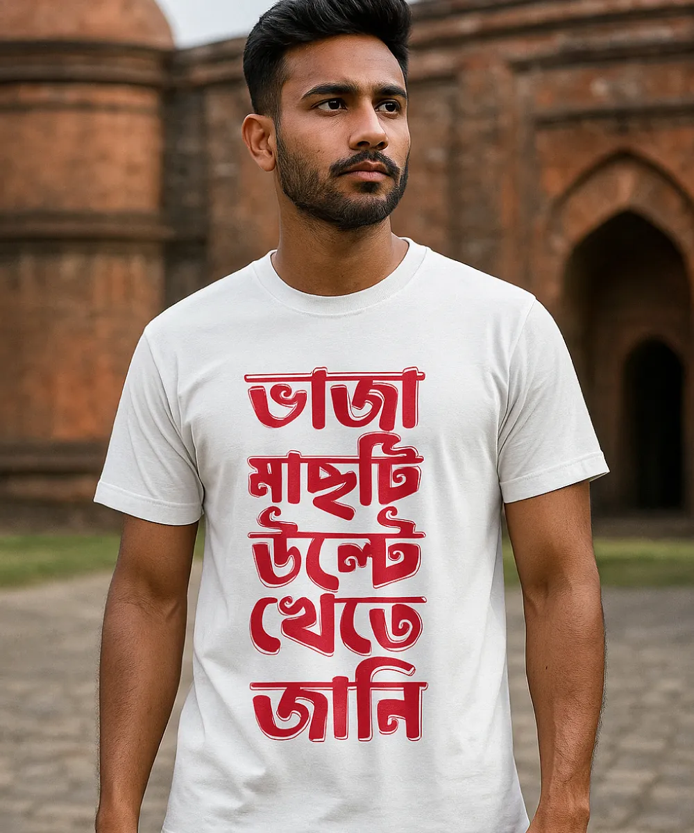 A male model wearing Bongstreet's famous t-shirt that says - Bhaja Machti Ulte Khete Jani". The t-shirt color is white.